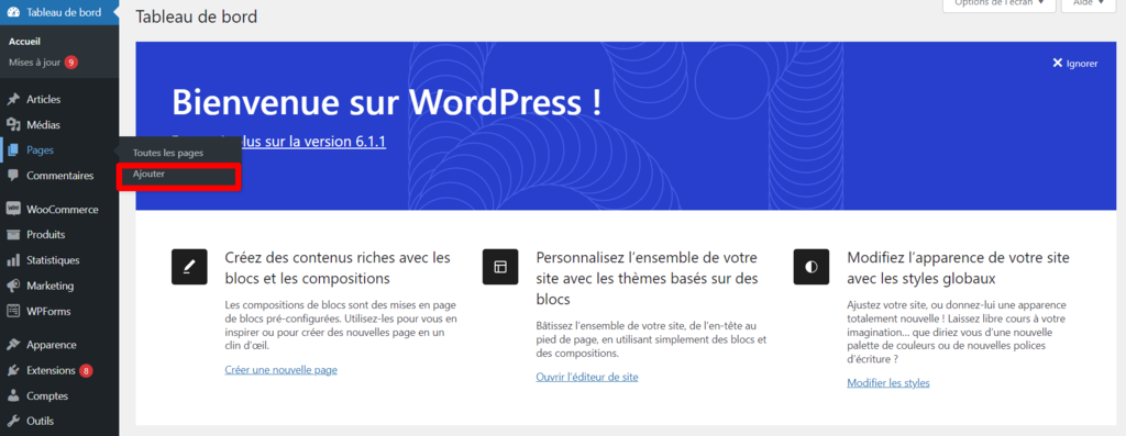 Ajouter une nouvelle page sur WordPress