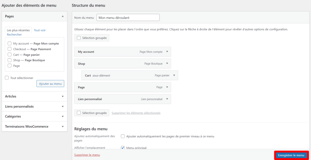 Le bouton Enregistrer le menu sue WordPress