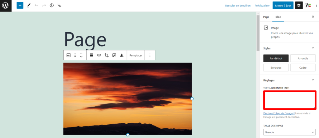le champ du texte alternatif sur l'&eacute;diteur WordPress Gutenberg 