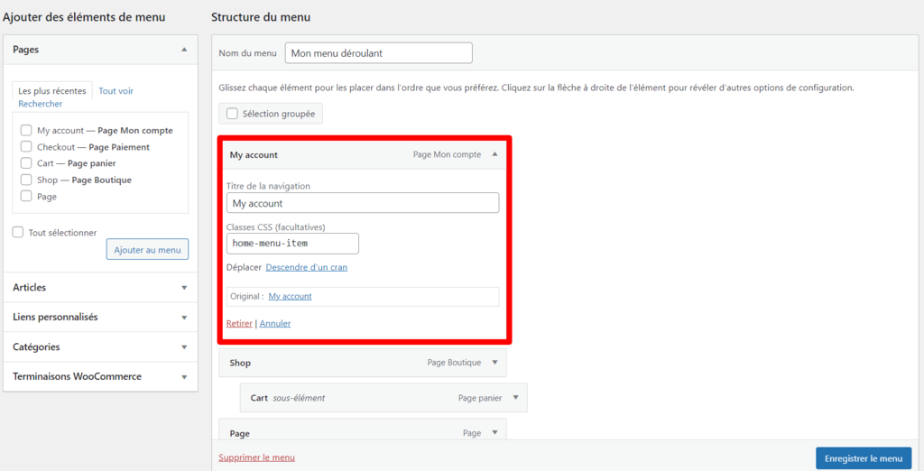 Les classes CSS dans la section structure du menu