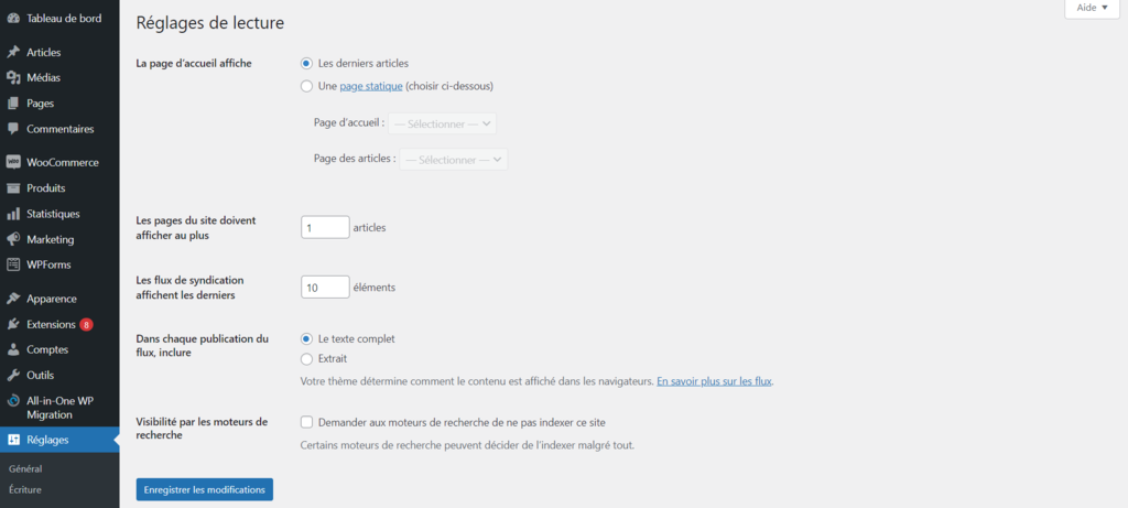 Changer page accueil wordpress &agrave; partir du menu R&eacute;glages de lecture
