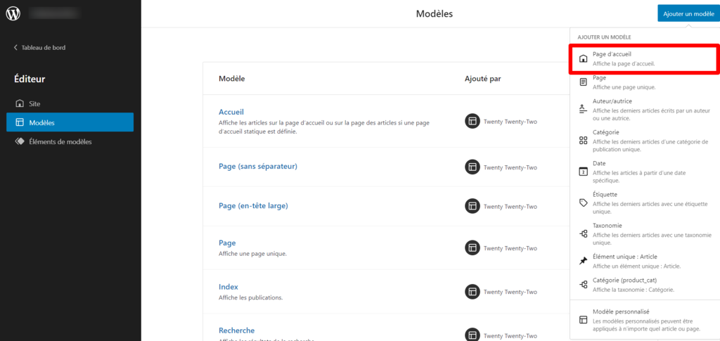 Création d'un nouveau modèle de page d'accueil via l'éditeur de site