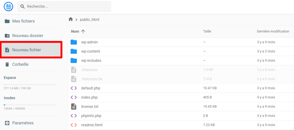 créer un nouveau fichier sur hpanel
