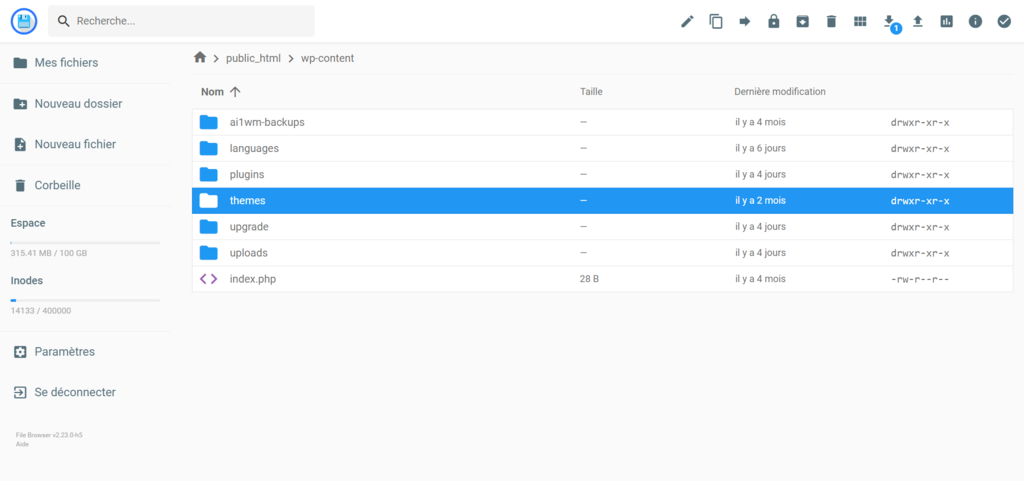 Localisation du dossier Themes dans le répertoire racine