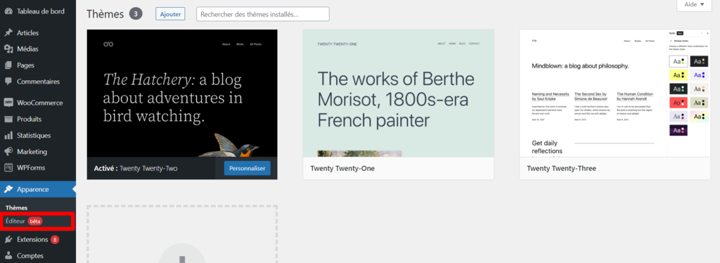 La version bêta de l'éditeur est située dans le menu Apparence