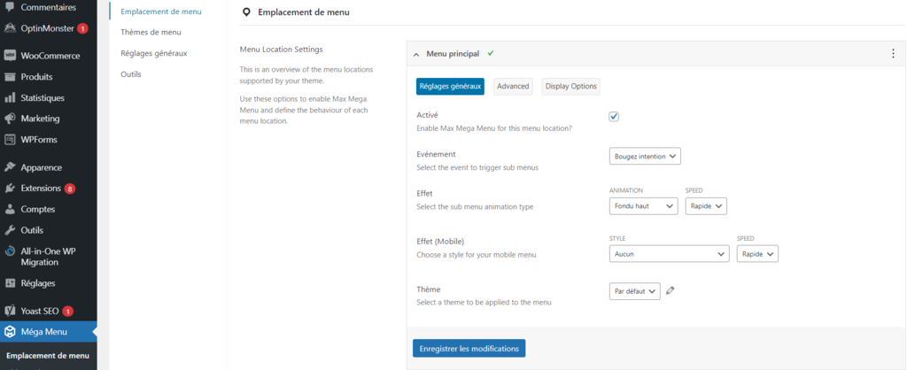 L'onglet Emplacement de Menu du plugin Mega Menu
