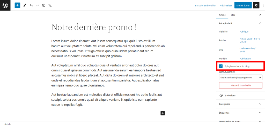 Positionner un article de blog en haut de la liste des articles de blog à l'aide de la fonction épingler 