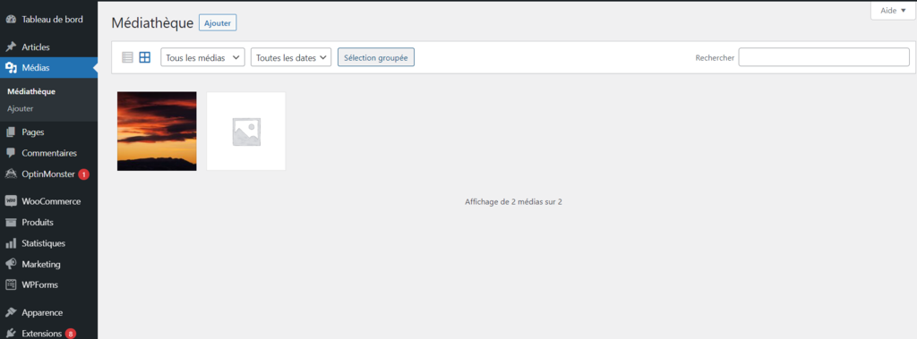 Page de la m&eacute;diath&egrave;que sur le tableau de bord de WordPress 