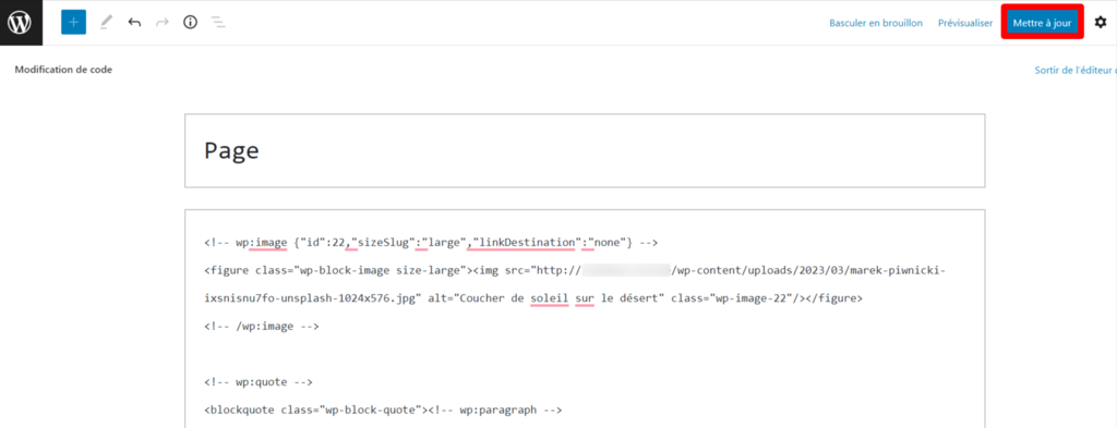 L'&eacute;diteur de code de l'&eacute;diteur de pages WordPress Gutenberg avec le bouton Mettre &agrave; jour
