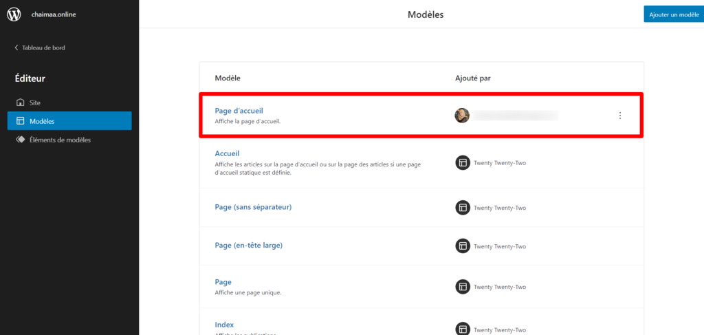 Le nouveau modèle de page personnalisé apparaît dans le menu Modèles.