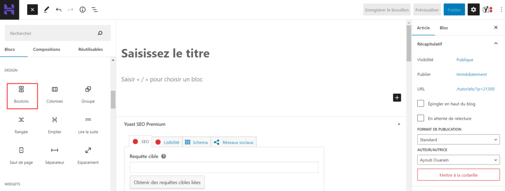 bloc gutenberg-mise en page ajouter bouton gutenberg
