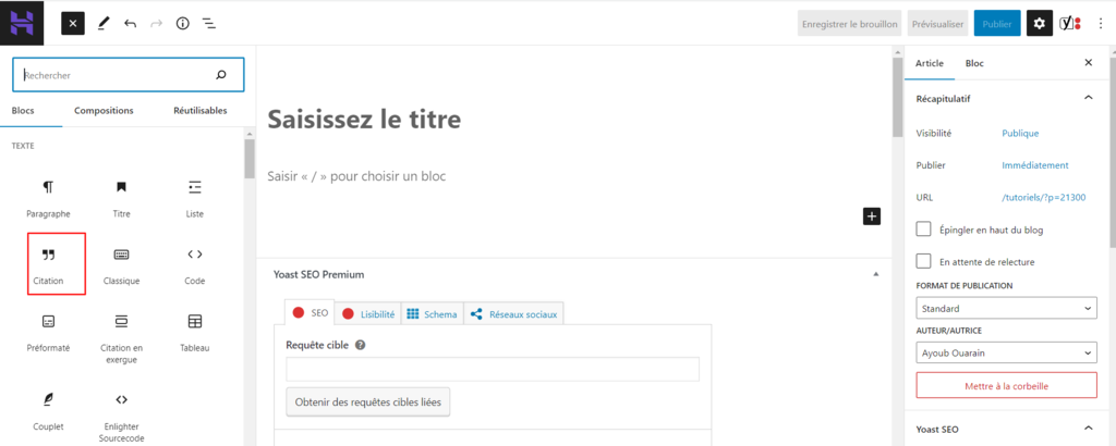 quote-bloc gutenberg wordpress capture d'écran bloc citation