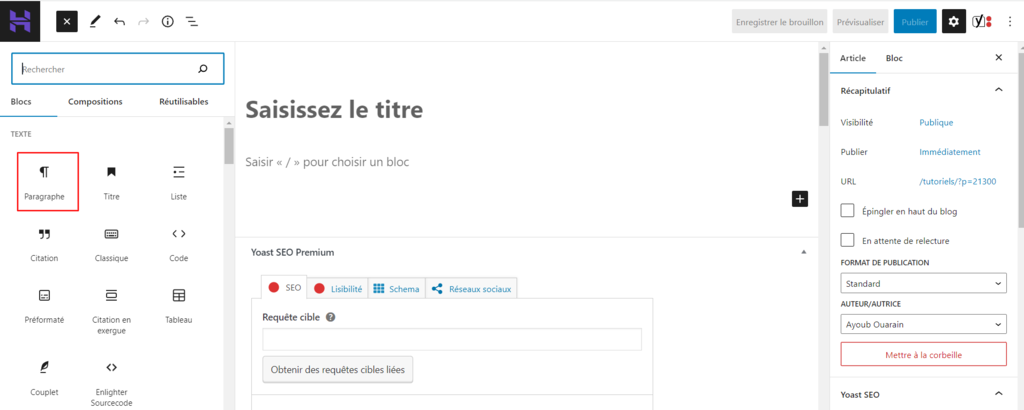 ajouter paragraphe éditeur gutenberg