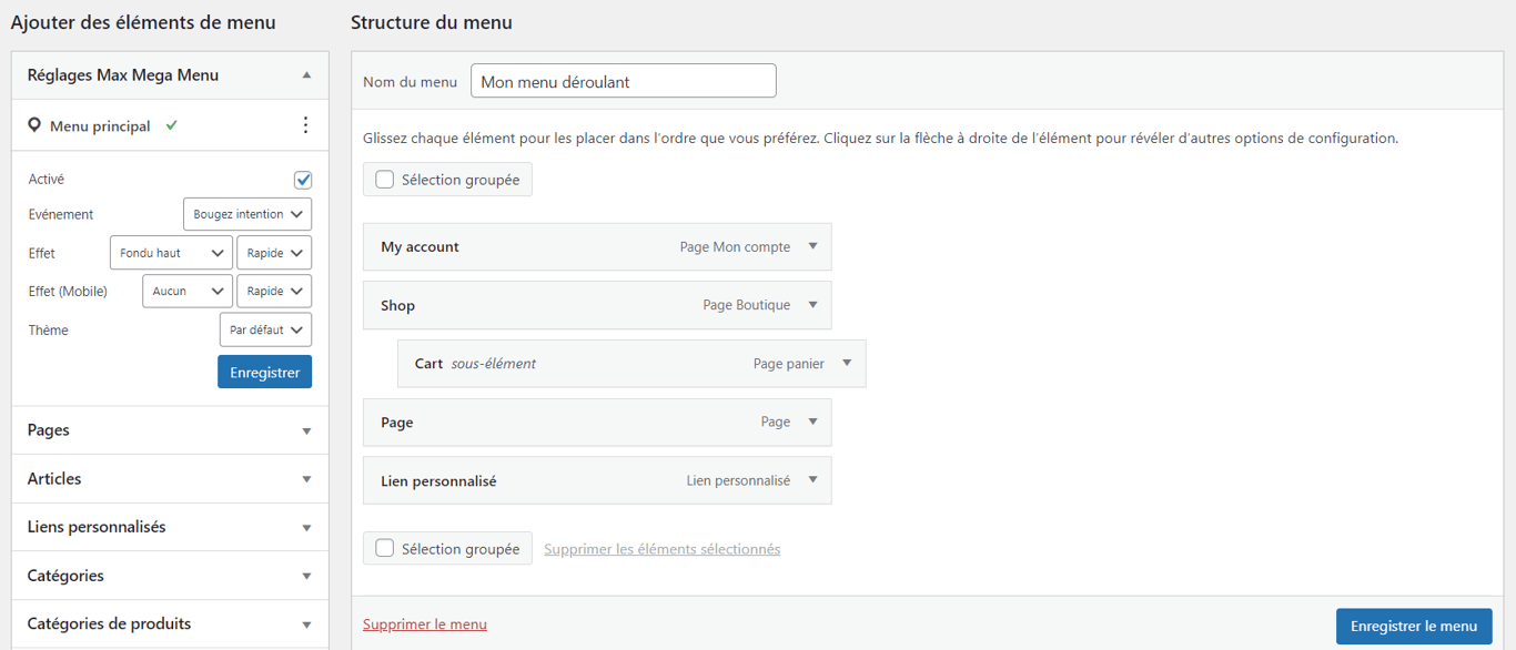 Les param&egrave;tres du Max Mega Menu dans la page WordPress Menus.