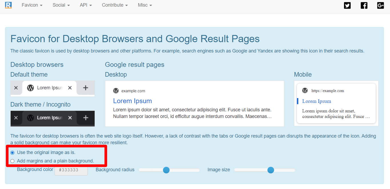 Site web de RealFaviconGenerator, montrant l'option de personnalisation de l'image du favicon