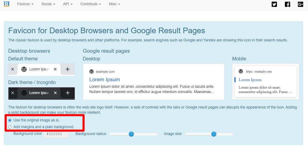 Site web de RealFaviconGenerator, montrant l'option de personnalisation de l'image du favicon
