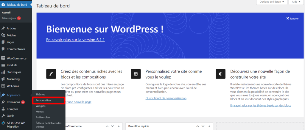 Accès au personnalisateur de thème WordPress à partir du tableau de bord d'administration