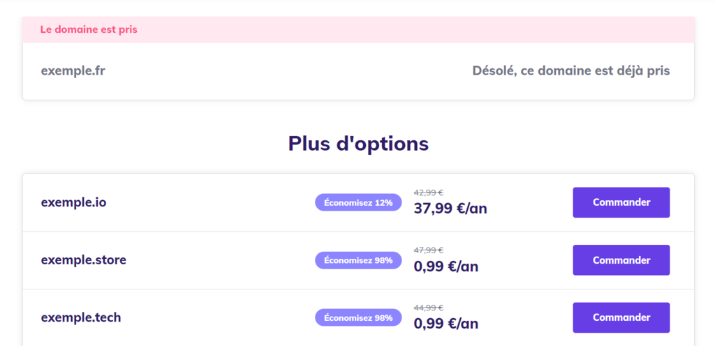 Options de noms de domaine avec diff&eacute;rentes extensions et leurs prix