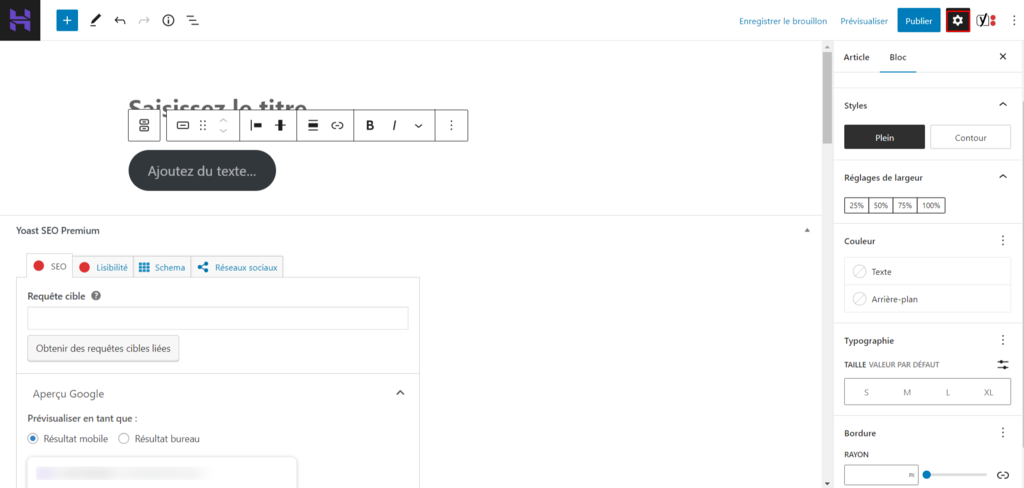 expérience utilisateur gutenberg wordpress réglages bouton gutenberg