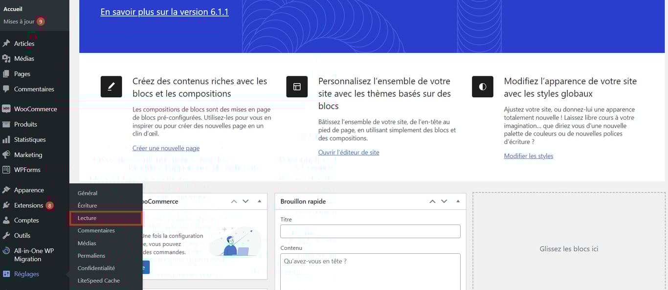 Naviguez vers le menu Lecture depuis le tableau de bord d'administration de WordPress pour modifier l'apparence de votre page d'accueil