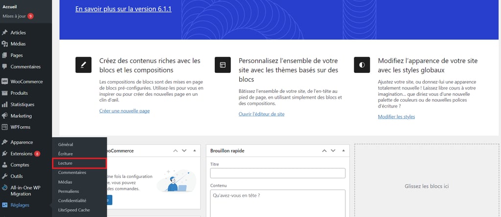 Naviguez vers le menu Lecture depuis le tableau de bord d'administration de WordPress pour modifier l'apparence de votre page d'accueil