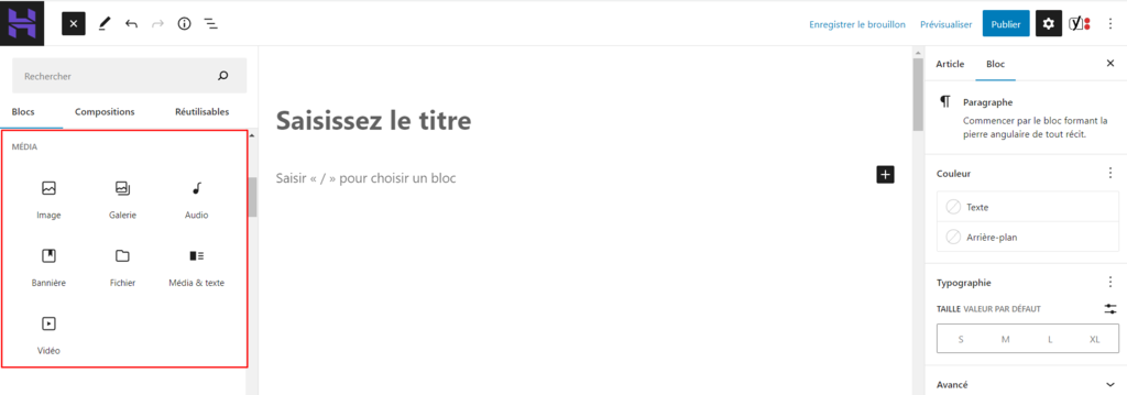 mise en page wordpress-image-media section gutenberg