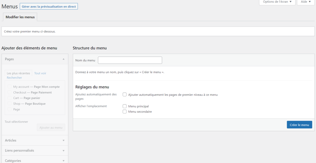 La section Menus du th&egrave;me actif 