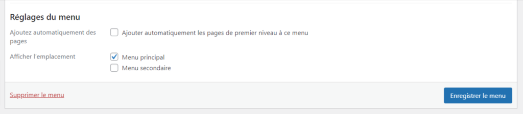 section r&eacute;glages du menu