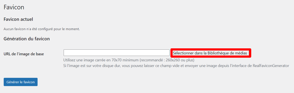 Le panneau du plugin RealFaviconGenerator, avec le bouton S&eacute;lectionner dans la biblioth&egrave;que de m&eacute;dias en surbrillance