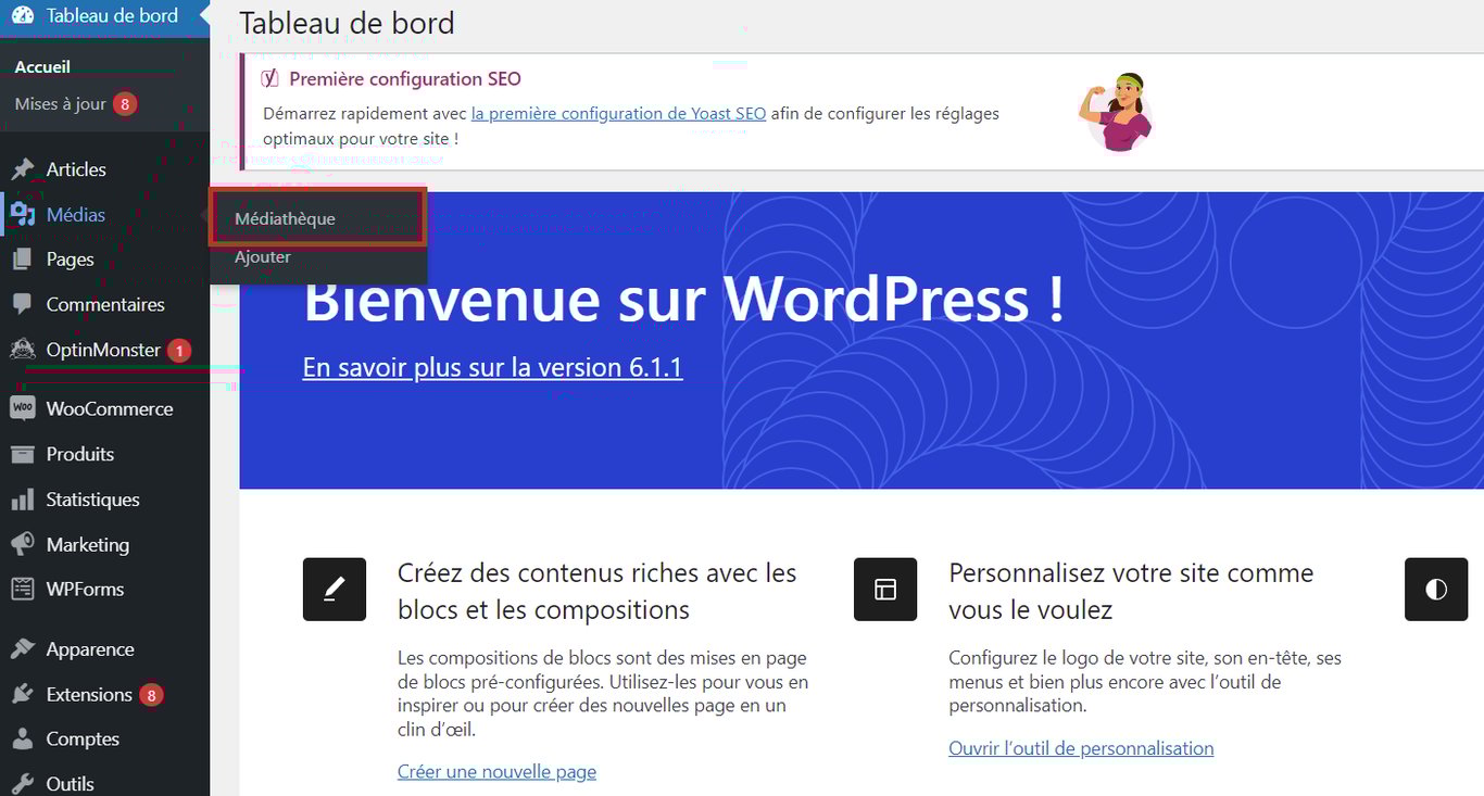 Les options de menu de navigation M&eacute;dia et M&eacute;diath&egrave;que du tableau de bord de WordPress
