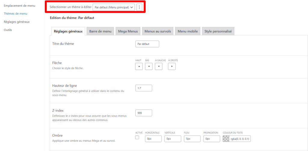 l'option S&eacute;lectionner le th&egrave;me &agrave; &eacute;diter dans l'onglet Th&egrave;mes de menu.