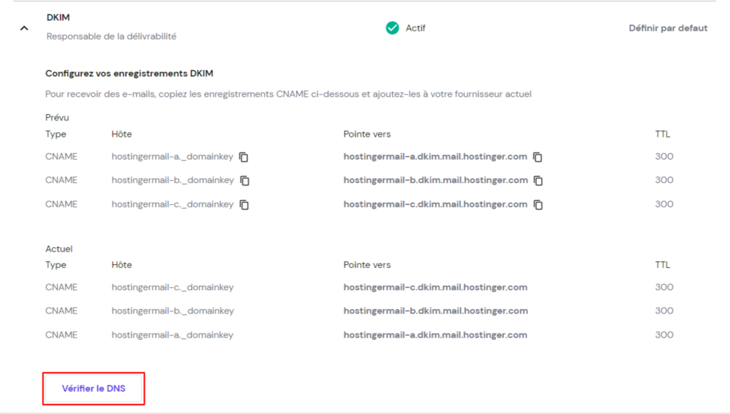 capture montrant la v&eacute;rification du DNS sous DKIM hPanel de Hostinger