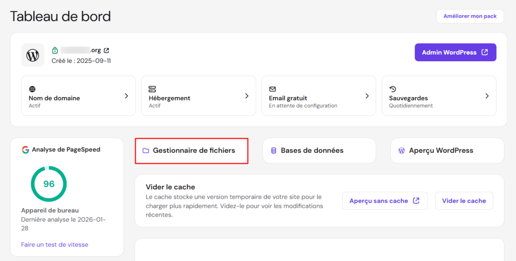 Le menu Gestionnaire de fichiers du tableau de bord hPanel
