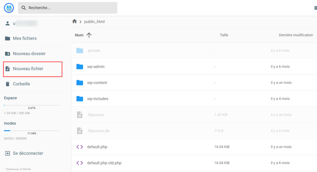 Option « Ajouter un nouveau fichier » dans le répertoire public_html de hPanel