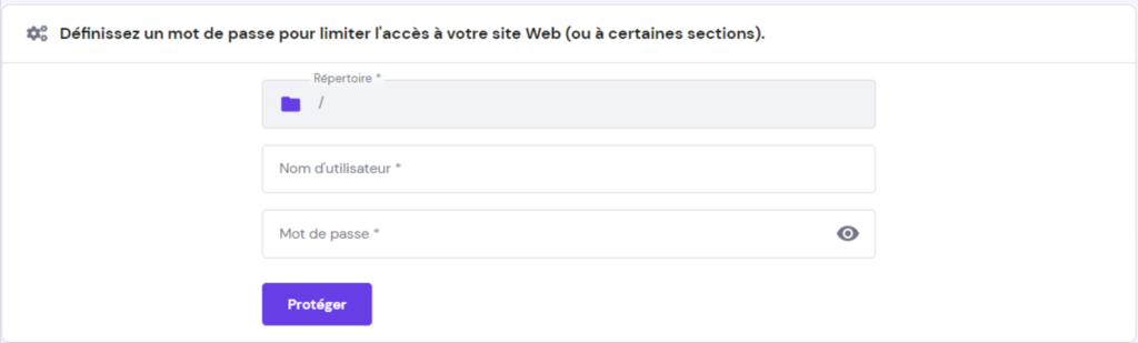 capture d'&eacute;cran du formulaire permettant de prot&eacute;ger des r&eacute;pertoires par mots de passe sur hPanel de Hostinger 