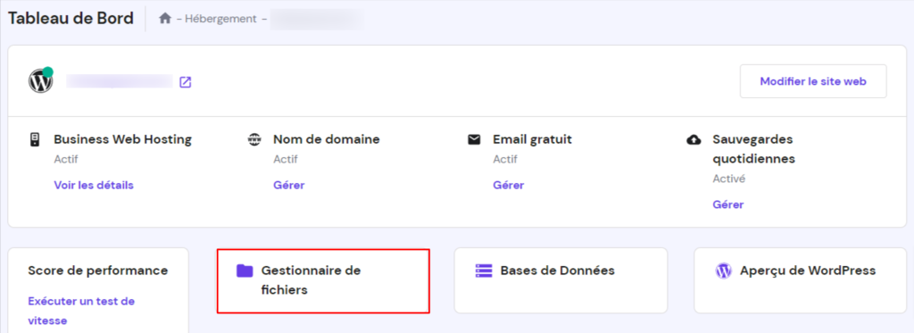 Tableau de bord hPanel avec le bouton Gestionnaire de fichiers en surbrillance