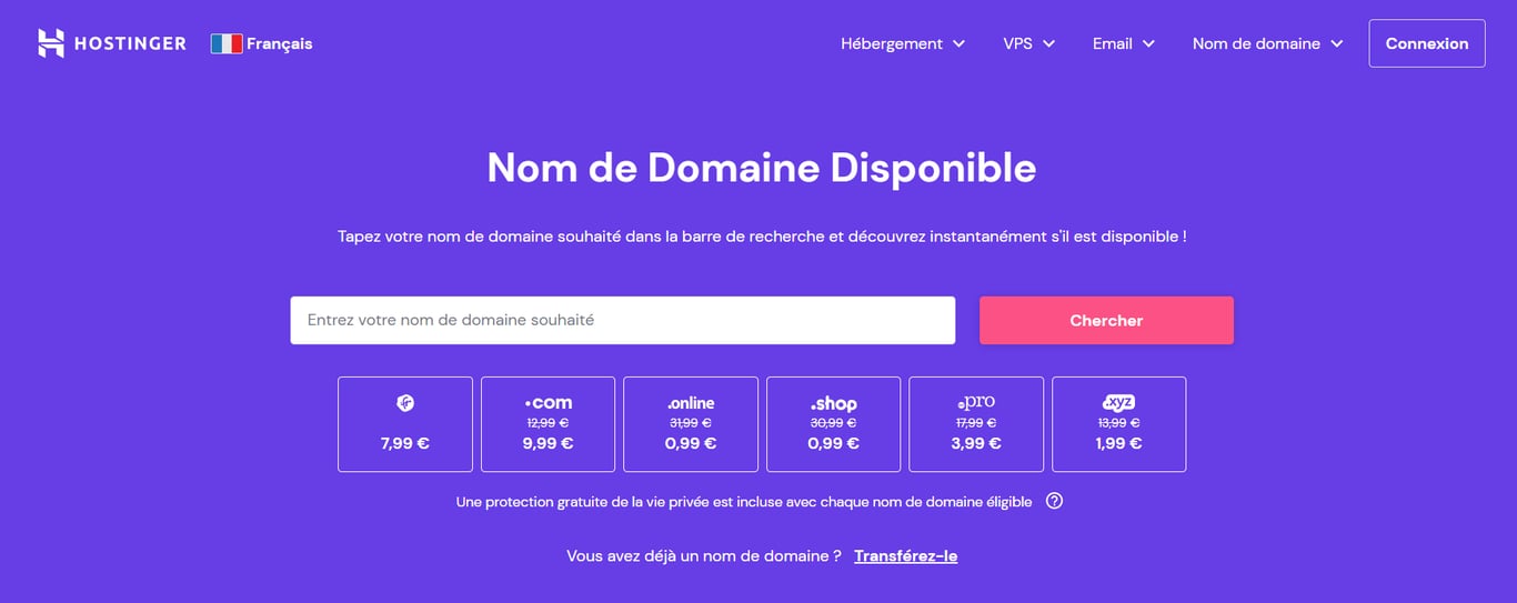 Page du v&eacute;rificateur de nom de domaine sur le site web d'Hostinger