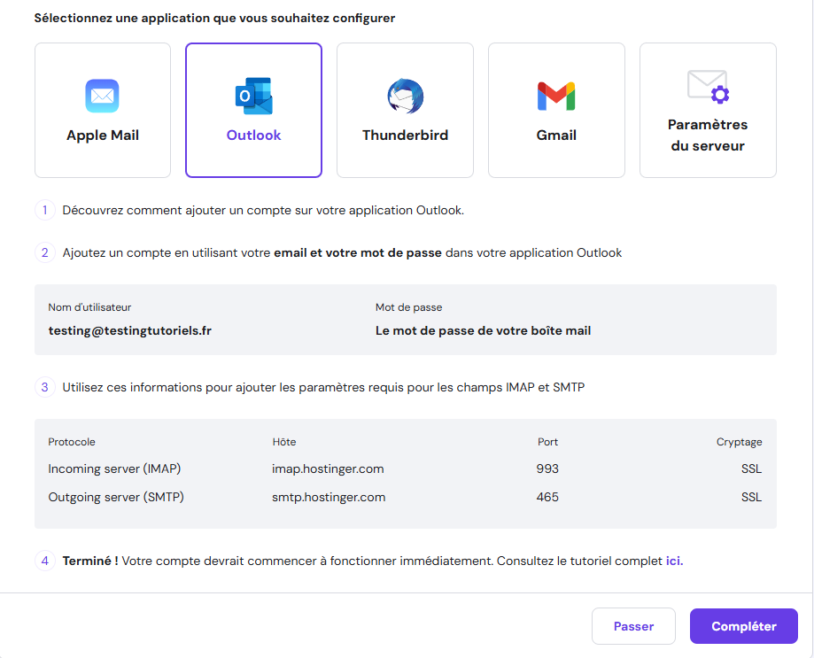 Etapes pour configurer la boite mail Outlook sur hPanel