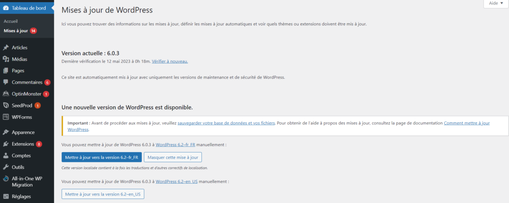 Mises &agrave; jour de WordPress sur le panneau d'administration