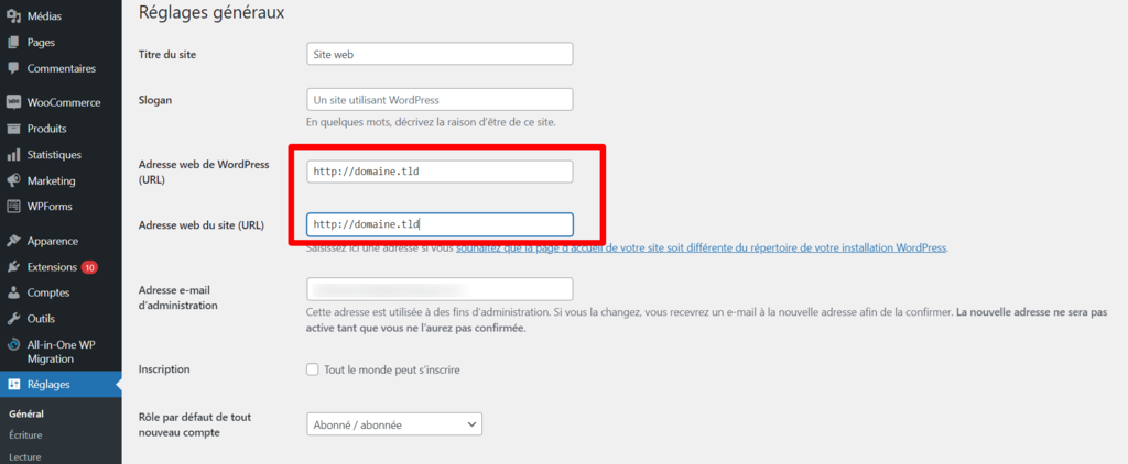 Les champs Adresse de WordPress et Adresse du site sur les réglages généraux de WordPress.