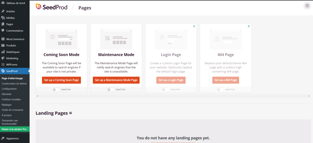 Param&egrave;tres de SeedProd sur WordPress
