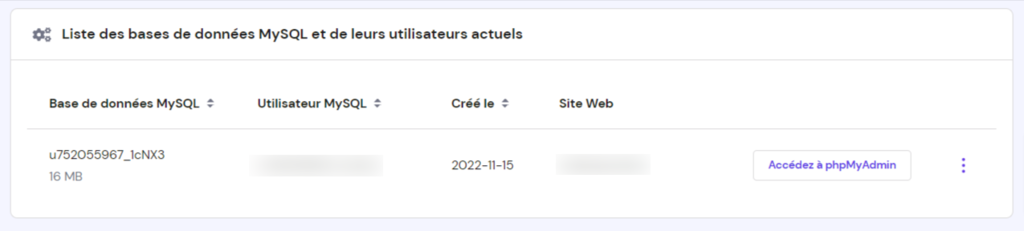 liste des bases de données MySQL actuellement créées sur hPanel