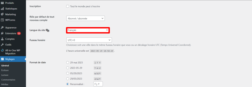 Paramètres-de-langue-de-WordPress Paramètres de langue de WordPress