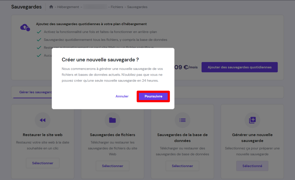 Cr&eacute;er une nouvelle sauvegarde sur hPanel 