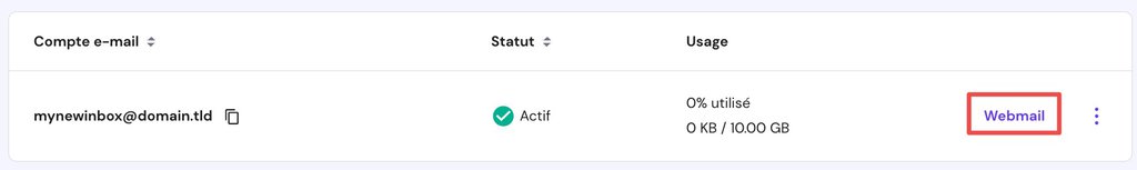 La section G&eacute;rer les comptes de messagerie de hPanel avec l'option Webmail en surbrillance