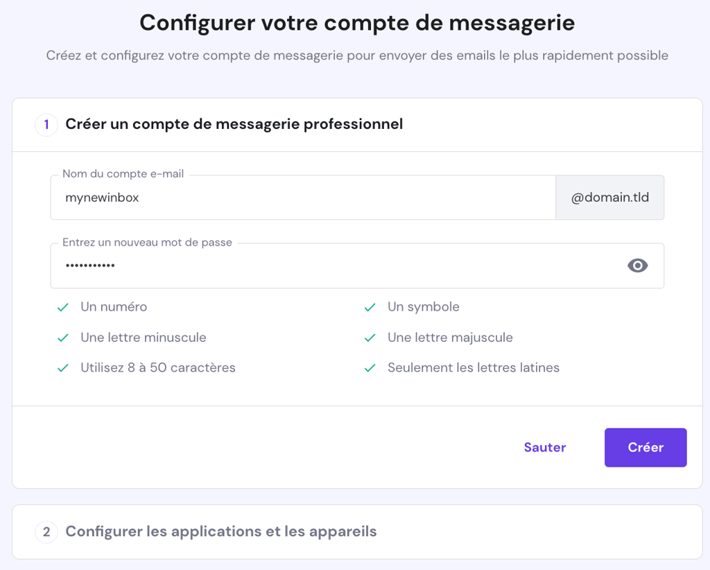 La section Cr&eacute;er un compte email professionnel sur hPanel avec le bouton Cr&eacute;er en surbrillance
