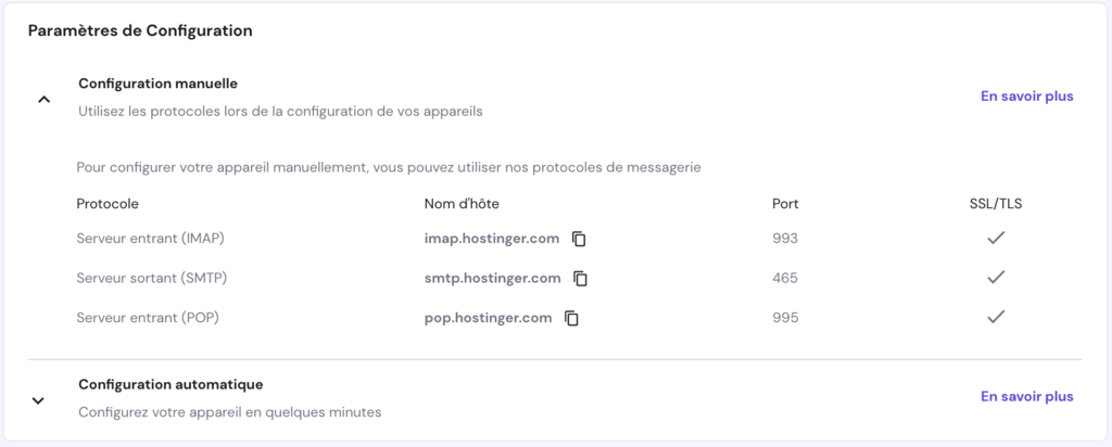 La section Param&egrave;tres de configuration sur hPanel