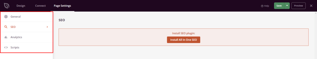 Les param&egrave;tres de la page sur SeedProd avec les boutons General, SEO, Analytics et Scripts en surbrillance.