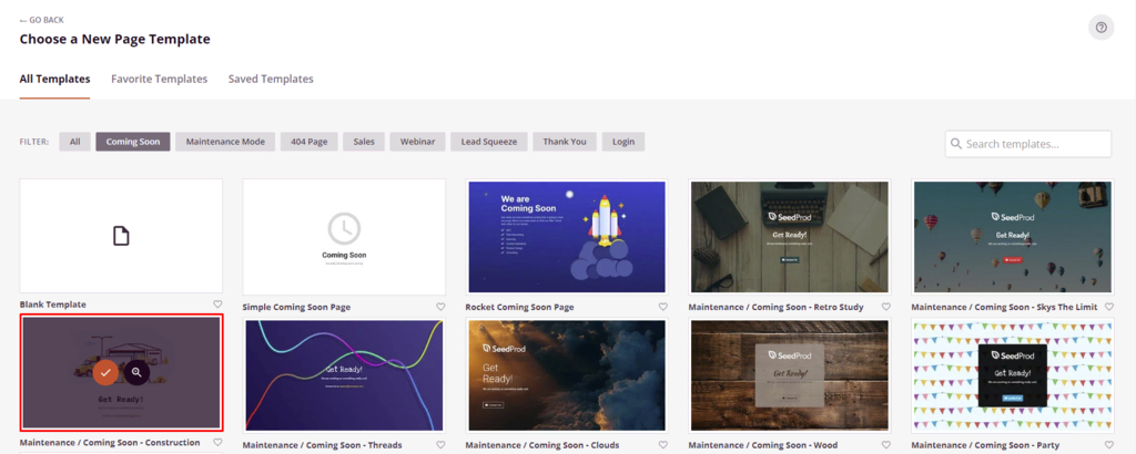 Choisir un nouveau mod&egrave;le de page dans SeedProd 
