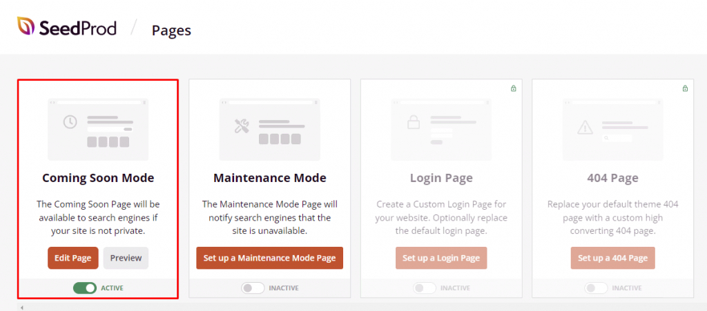 La page de configuration de SeedProd avec l'option Coming Soon Mode activ&eacute;